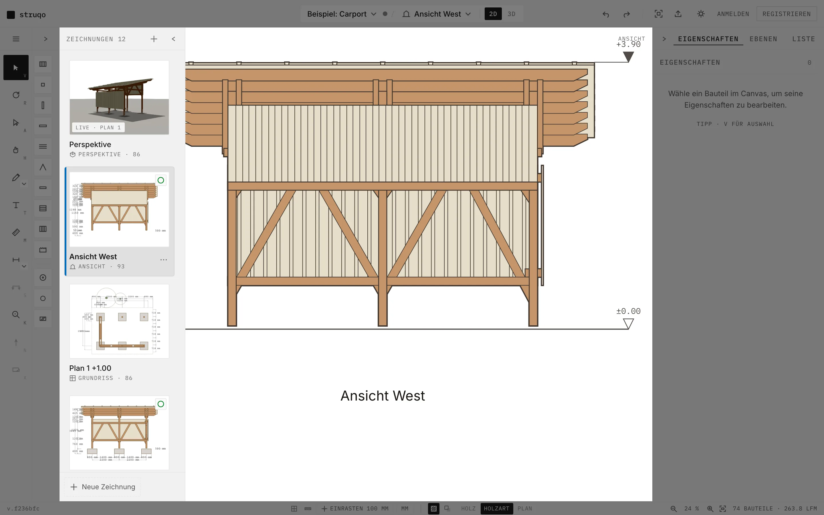 Struqo editor, west elevation of the example carport with the drawings panel open, derived from the plan