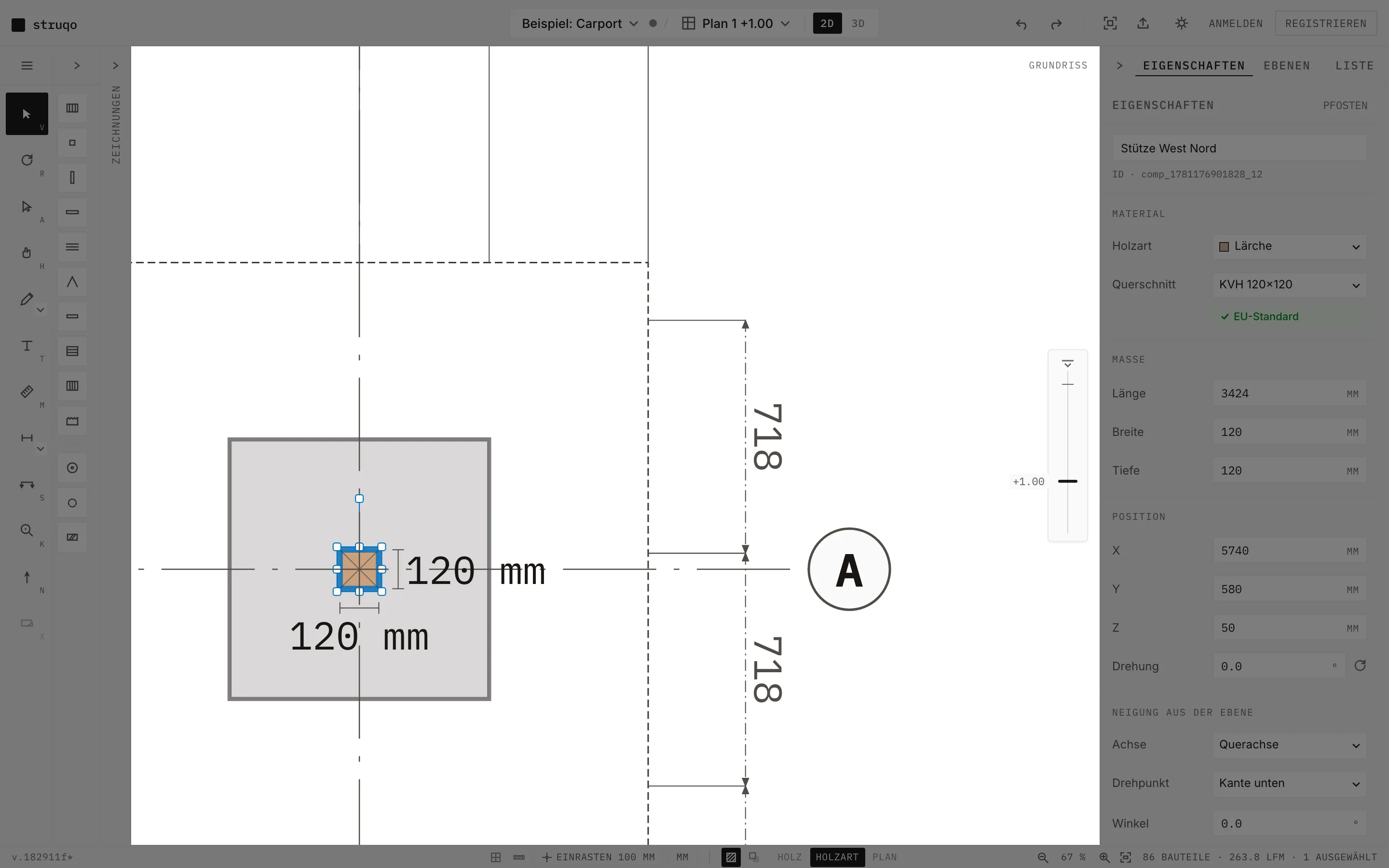 Struqo editor, floor plan Plan 1 of the example carport, zoomed in on a selected post: automatic dimensions of 120 mm and 718 mm, axis mark A, properties panel on the right with wood species larch and cross section KVH 120 by 120, status bar reading 86 parts