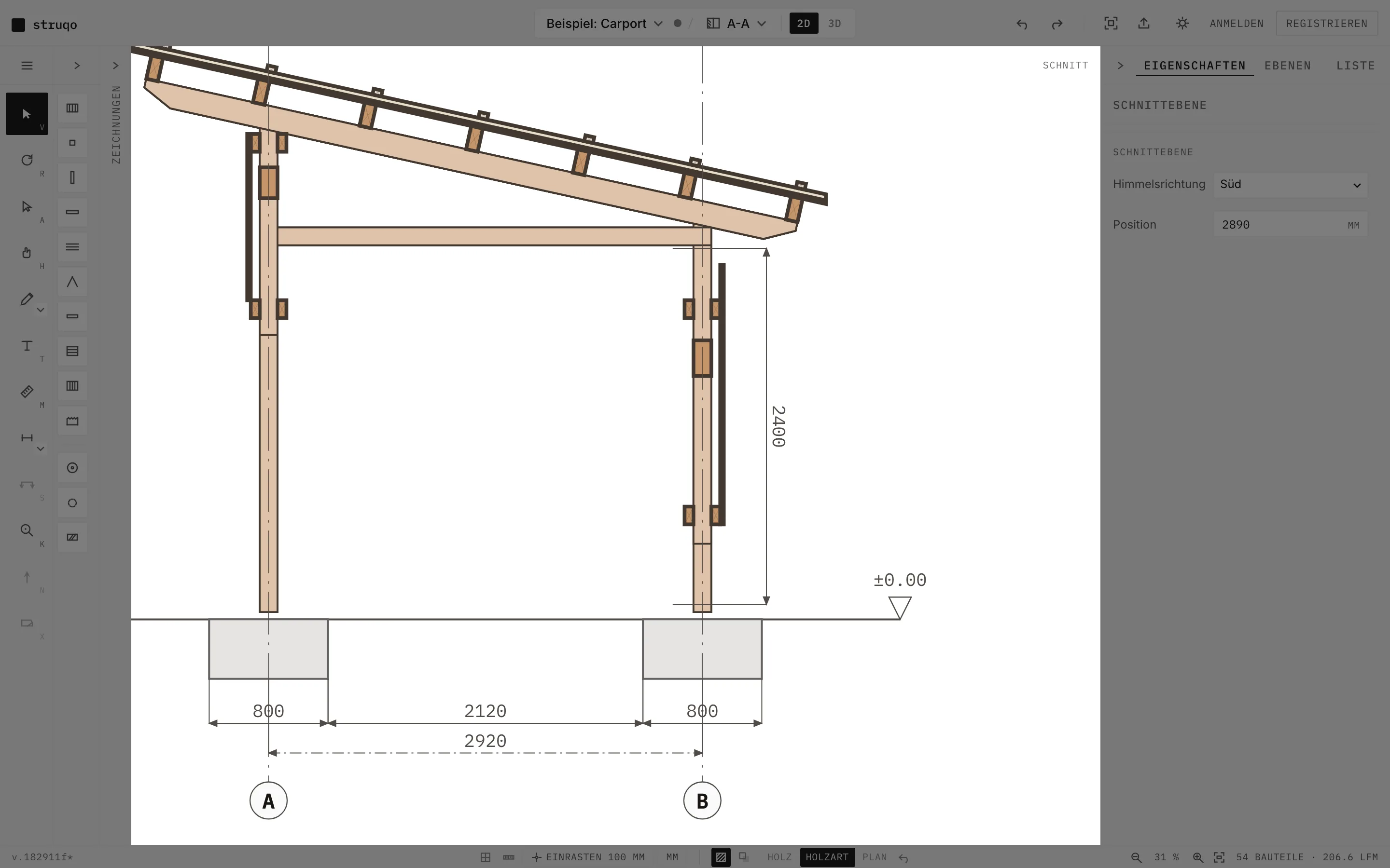 Struqo editor, section A-A through the example carport looking south: two posts on foundations, mono-pitch roof with rafters and battens, dimension chain 800, 2120, 800 and a height of 2400, level mark plus minus 0.00, section plane panel on the right
