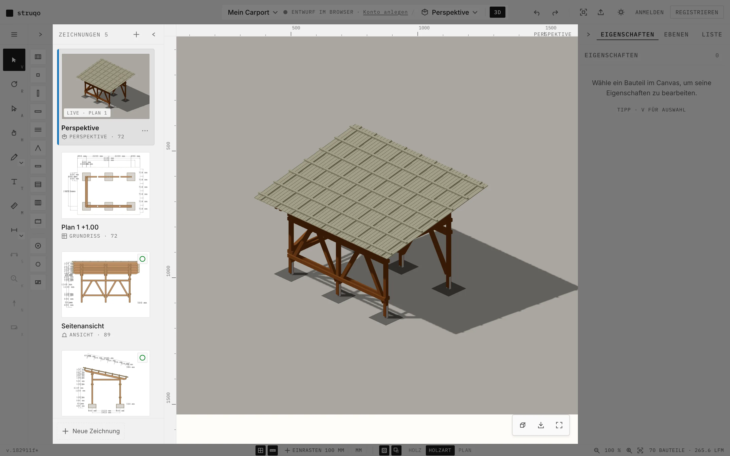 Struqo editor in guest mode, project named Mein Carport with the label Draft in browser, drawings panel open on the left listing perspective, floor plan, side elevation and a section, 3D perspective of a carport with rafters and battens on the canvas