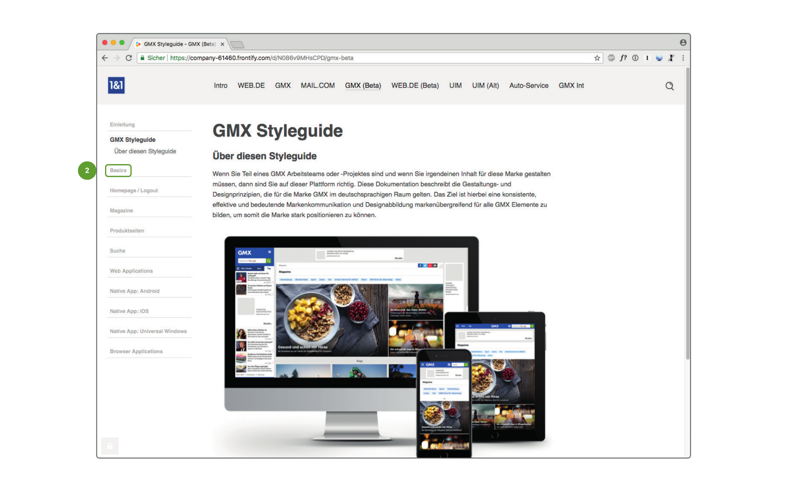 GMX Styleguide overview showing responsive device mockups and navigation structure covering basics, logo, typography, colors, and platform-specific guidelines